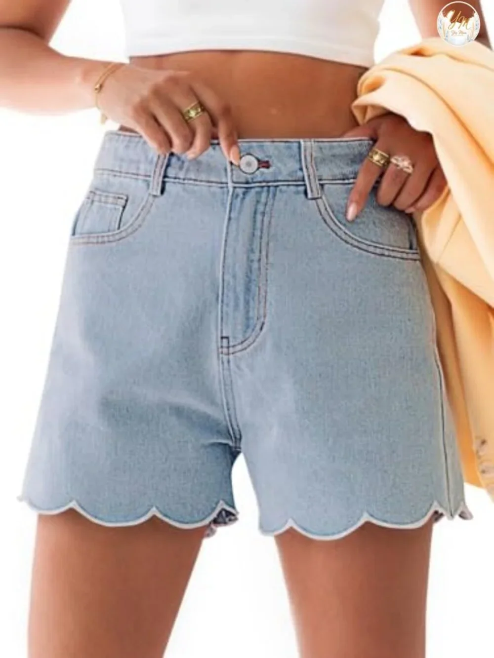 High Waisted Denim Shorts Women Summer Wave Hem Straight Leg